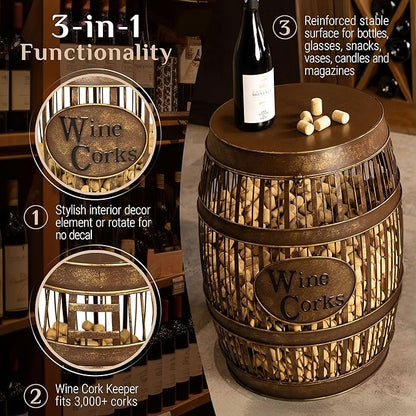 Wine Barrel Table - Cork Catcher Accent Table. Cork Holder Decorative and Storage - 3000 Corks - Large