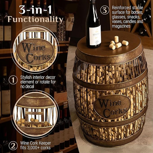 Wine Barrel Table - Cork Catcher Accent Table. Cork Holder Decorative and Storage - 3000 Corks - Large