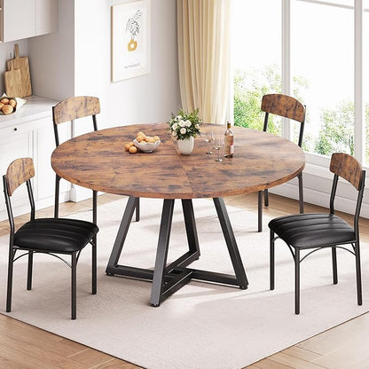 42“ Round Kitchen Dining Room Table for 2-4, Circle Dining Dinner Table with Pedestal Metal Frame, Space Saving Wood Industrial Furniture for Small Space (Rustic Brown, 42IN)