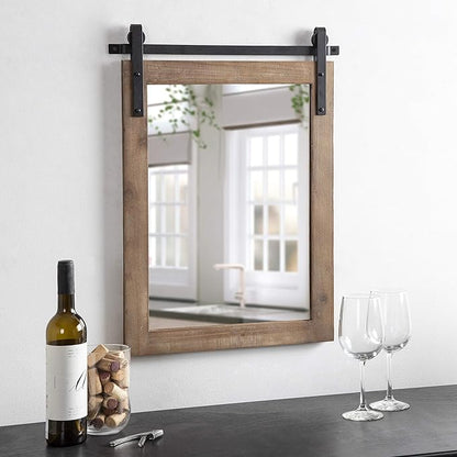 Kate and Laurel Cates Farmhouse Wood Framed Wall Mirror, 18 x 26, Rustic Brown, Barn Door-Inspired Rustic Mirrors for Wall