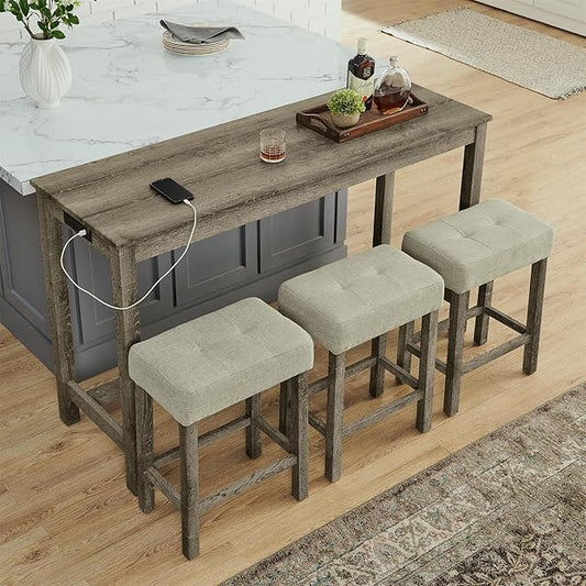 Ball & Cast 4 Piece Kitchen Dining Room Table and Chairs Set, Farmhouse Wooden Counter Height Bar-Sets w/USB Ports & Power Outlet & 3pcs Stools, 59" Sofa-Table Barstool w/Charging Station, Brown