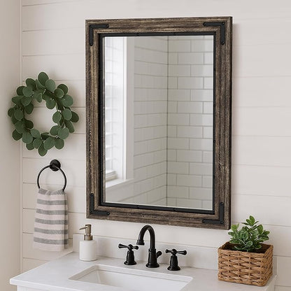 YOSHOOT Farmhouse Bathroom Mirror, Rustic Wood Mirror, Wooden Framed Vanity Mirror, Solid Wood & Handmade, Vertical or Horizontal Hanging for Bathroom Entryway Living Room Bedroom, 40" x 30", Brown