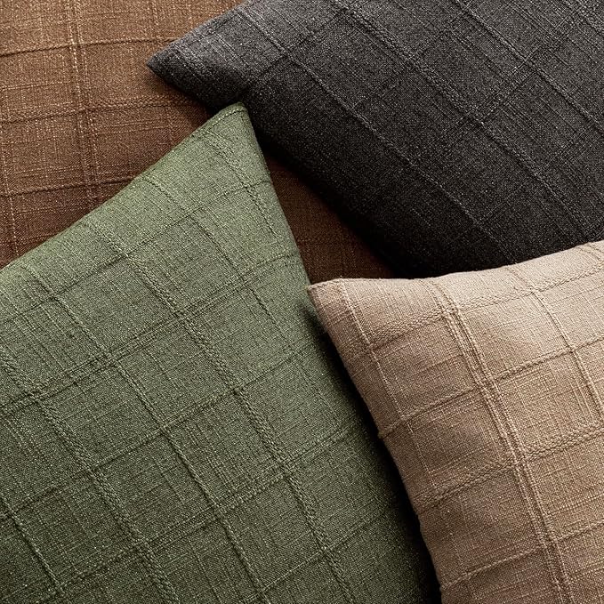 Foindtower Set of 2 Decorative Linen Check Throw Pillow Covers Neutral Farmhouse Vintage Cushion Covers Modern Boho Home Decor for Sofa Chair Couch Bedroom Living Room Outdoor,24×24 Inch,Brown Hazel