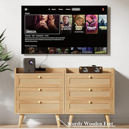 Rattan Nightstand with Charging Station, Night Stand with 3 Large Drawers, Side Table with USB Ports and Outlets, Bedside End Table for Bedroom