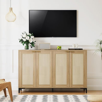 Sideboard - Buffet Cabinet with Storage, Rattan Storage with 4 Doors and Adjustable Shelves, Accent with Metal Feet, Sideboard Cabinet for Living Room (Natural)
