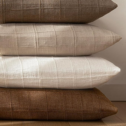 Foindtower Set of 2 Decorative Linen Check Throw Pillow Covers Neutral Farmhouse Vintage Cushion Covers Modern Boho Home Decor for Sofa Chair Couch Bedroom Living Room Outdoor,26×26 Inch,Cream White