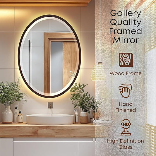 OVALCREST - Oval Wooden Beveled Wall Mirror for Home Decor, Bathroom, Vanity, Bedroom, Living Room, Hallway - London Style (Black Walnut) 21.1 x 25.1