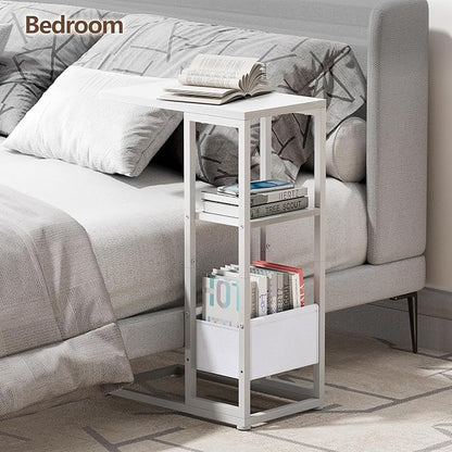 C Shaped End Table, Small Side Table for Couch, Recliner, Slide Under Sofa Tray Desk Snack Tables with Storage Bag for Living Room,Bedroom, Small Spaces - White
