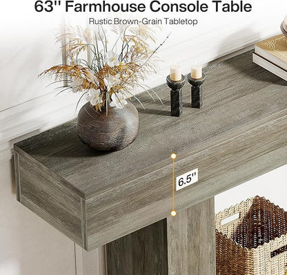 Tribesigns 63" Console Table, Farmhouse 2-Tier Entryway Table with U-Shaped Base, Narrow Long Wood Sofa Table Behind Couch Table for Living Room, Hallway, Foyer, Light Gray