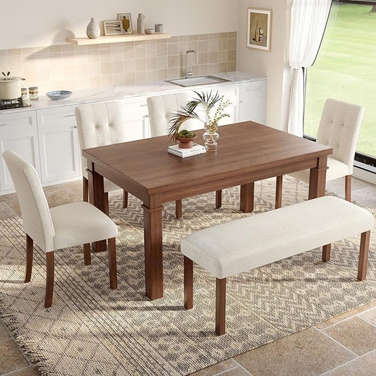 Ball & Cast Dining Table Set for 6 W/Bench & 4 Upholstered Chairs,6 Piece Dining Set W/ 60" Rectangle Kitchen Table & Anti-Scratch Pads,Table and Chairs Set for Living Room,Dining Room,Walnut