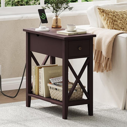 ChooChoo End Table with Charging Station, Narrow Side Table with USB Ports and Outlets, Nightstand with Drawer, for Small Spaces, Bedside Tables for Living Room Espresso