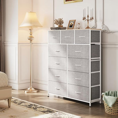 WLIVE Storage Organizer Unit with 11 Fabric Bins, Storage Drawers Organizer with Steel Frame, Tall Storage Tower Organizaton for Living Room, Hallway, Office, Light Grey