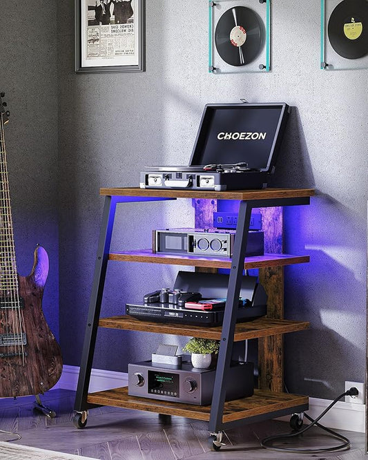 4-Tier AV Media Stand with Wheels, Stereo Stands, Media Console Shelf with Power Strips, LED Lights, Wooden Audio Cabinet Rack Tower, Rustic Brown and Black TCJ60UDBF