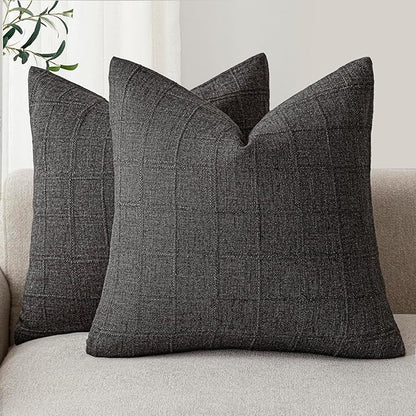 Foindtower Set of 2 Decorative Linen Check Throw Pillow Covers Neutral Farmhouse Vintage Cushion Covers Modern Boho Home Decor for Sofa Chair Couch Bedroom Living Room Outdoor,16×16 Inch,Charcoal
