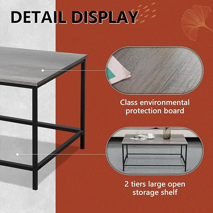 SENIG Modern Industrial Style Rectangular Coffee Table, Grey Wood and Sturdy Metal Side End Table, Rustic Accent Functional Coffee Table for Living Room. 39.3 x 20 x 16