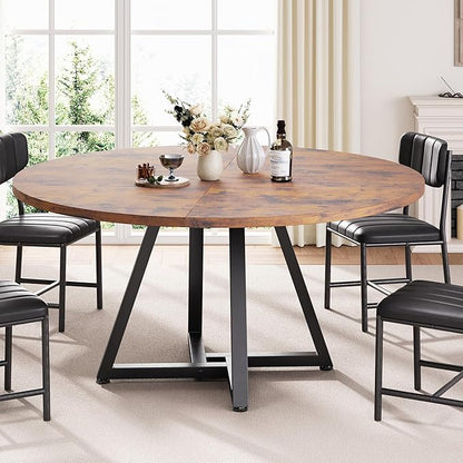 42“ Round Kitchen Dining Room Table for 2-4, Circle Dining Dinner Table with Pedestal Metal Frame, Space Saving Wood Industrial Furniture for Small Space (Rustic Brown, 42IN)