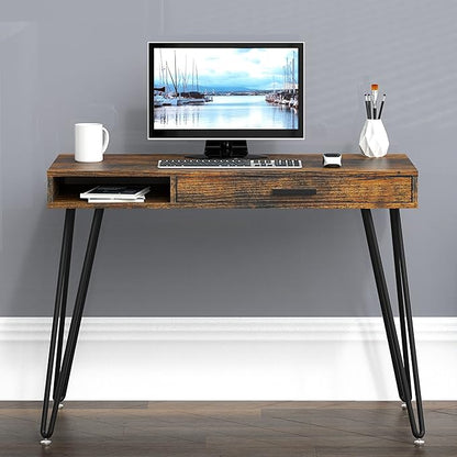 SHW Home Office Computer Hairpin Leg Desk with Drawer, Rustic Brown