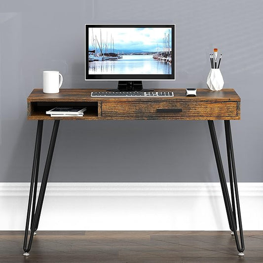 SHW Home Office Computer Hairpin Leg Desk with Drawer, Rustic Brown