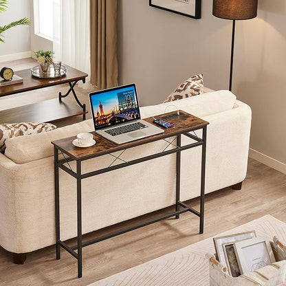 VECELO 39.4In Narrow Sofa/Console Table with Charging Station & Power Outlet and USB Ports, for Entryway, Living Room, Office, Industrial, Metal Frame, 2 Pack, Rustic Brown