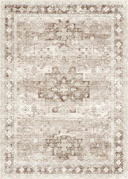 Washable Neutral Farmhouse Bedroom Rug, 5x7 Area Rugs for Living Room, Nursery Room, Boho Vintage Floral Non-Slip Rug Low Pile Stain Resistant (5x7 Beige/Latte)