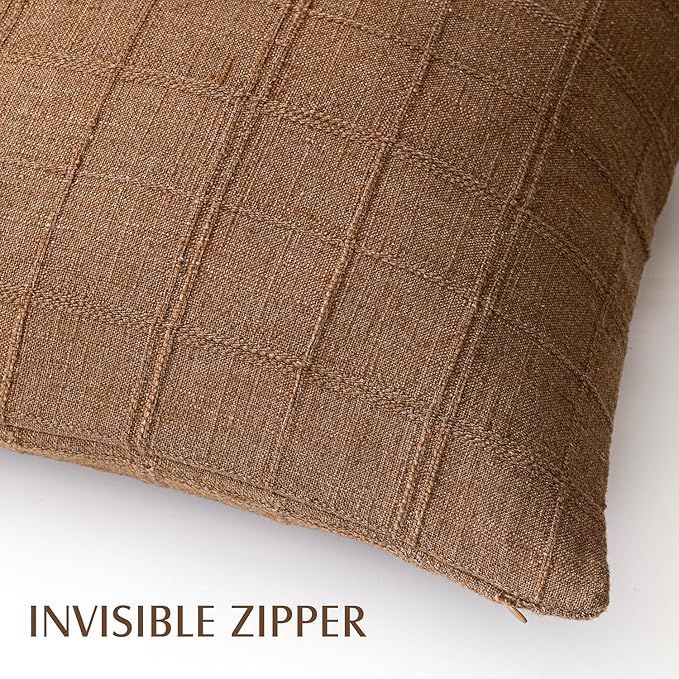 Foindtower Set of 2 Decorative Linen Check Throw Pillow Covers Neutral Farmhouse Vintage Cushion Covers Modern Boho Home Decor for Sofa Chair Couch Bedroom Living Room Outdoor,18×18 Inch,Brown Hazel