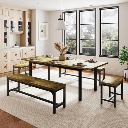 5 Piece Dining Table Set for 4-6, 63" Extendable Kitchen Table Set with 2 Benches & 2 Stools, Farmhouse Dining Room Table for Small Space, Metal & Wood Support, Rustic Brown