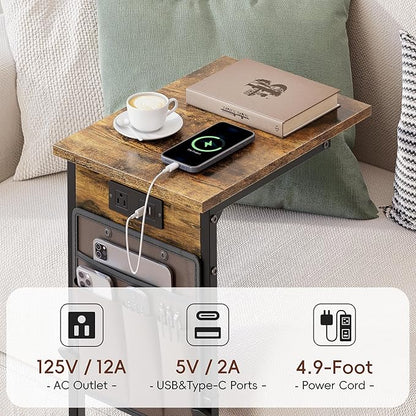 Vagusicc C Shaped End Table with Charging Station, Adjustable Height Side Table for Couch, Small Sofa Table with Storage Bag, Slide Under Sofa TV Tray Snack Arm Tables for Living Room, Bedroom, Brown
