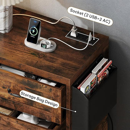 YITAHOME Rustic Brown Drawers TV Stand for 65 inches with Power Outlets -Chest of Drawers Dresser with Side Organizer Bag Entertainment Center TV Console