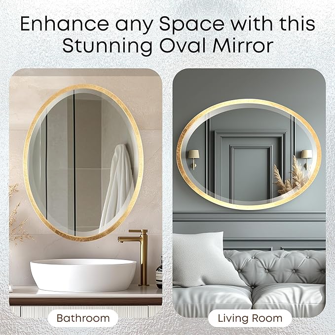 OVALCREST - Oval Wooden Beveled Wall Mirror for Home Decor, Bathroom, Vanity, Bedroom, Living Room, Hallway - London Style (Gold Leaf) 23.1 x 29.1