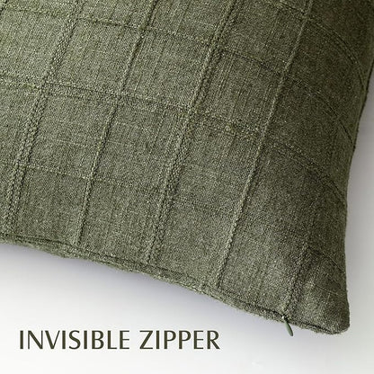 Foindtower Set of 2 Decorative Linen Check Throw Pillow Covers Neutral Farmhouse Vintage Cushion Covers Modern Boho Home Decor for Sofa Chair Couch Bedroom Living Room Outdoor,26×26 Inch,Olive Green