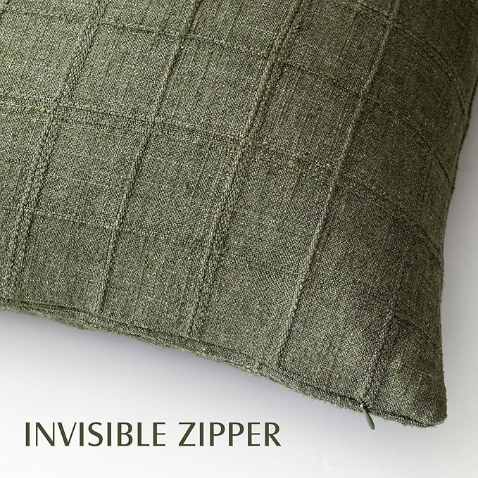 Foindtower Set of 2 Decorative Linen Check Throw Pillow Covers Neutral Farmhouse Vintage Cushion Covers Modern Boho Home Decor for Sofa Chair Couch Bedroom Living Room Outdoor,20×20 Inch,Olive Green