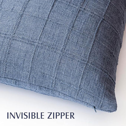 Foindtower Set of 2 Decorative Linen Check Throw Pillow Covers Neutral Farmhouse Vintage Cushion Covers Modern Coastal Boho Home Decor for Sofa Chair Couch Bedroom Living Room Outdoor,26×26 Inch,Blue