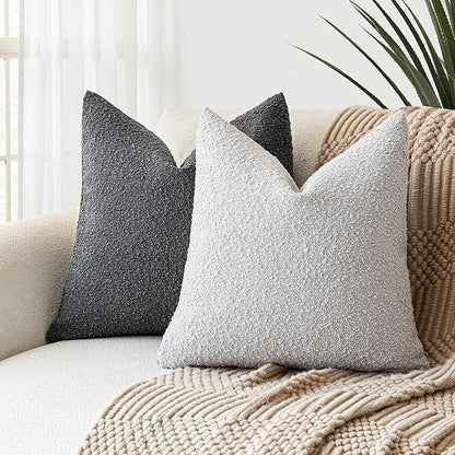 Foindtower Set of 2, Decorative Textured Boucle Throw Pillow Covers Accent Solid Pillow Cases Neutral Soft Cozy Couch Cushion Case for Chair Sofa Bedroom Living Room Home Decor 24 x 24 Inch Light Grey