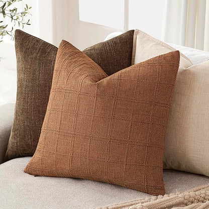 Foindtower Set of 2 Decorative Linen Check Throw Pillow Covers Neutral Farmhouse Vintage Cushion Covers Modern Boho Home Decor for Sofa Chair Couch Bedroom Living Room Outdoor,24×24 Inch,Orange