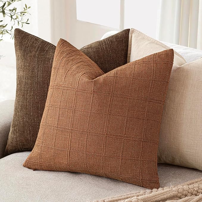 Foindtower Set of 2 Decorative Linen Check Throw Pillow Covers Neutral Farmhouse Vintage Cushion Covers Modern Boho Home Decor for Sofa Chair Couch Bedroom Living Room Outdoor,26×26 Inch,Orange