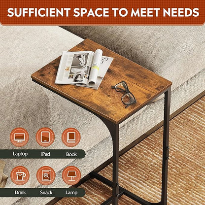 WLIVE C Shaped End Table, Small Couch Side Tables with Metal Frame That Slide Under, Sofa Table TV Tray for Living Room, Bedroom, Rustic Brown
