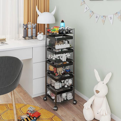 Fruit and Vegetable Basket for Kitchen No Assembly， Rotating Storage Rack,Bathroom Storage Shelf, Kitchen Organizers and Storage Cart on Rolling Wheels(Black, 5 Tier-Square)