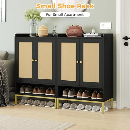 Rattan Shoe Cabinet Storage for Entryway, Shoe Cabinet with Adjustable Shelves for Entryway, 5-Tier, 20 Pair Shoe Rack Storage for Hallway, Closet, Living Room, Black
