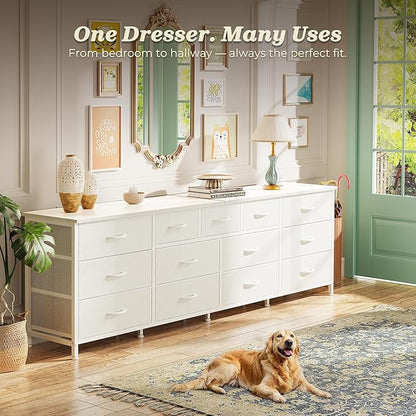 Huuger 70 Inch White Dresser for Bedroom, TV Stand for 65, 75, 80 Inch TV, 13 Fabric Drawer Long Dresser, Wide Chest of Drawer, Storage Units for Bedroom