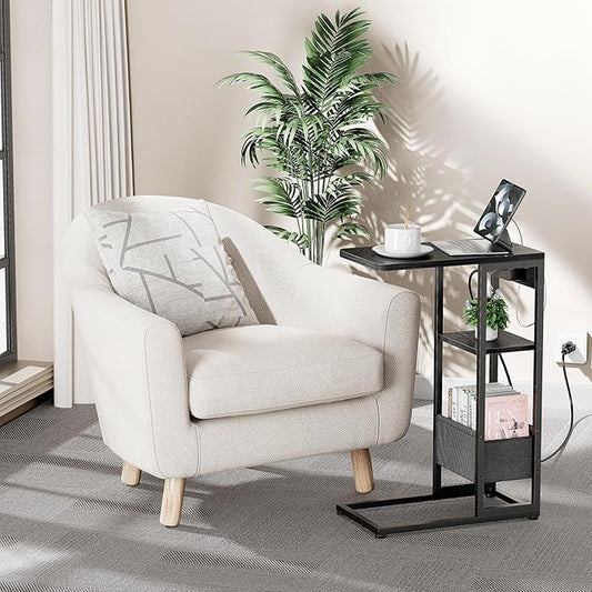 C Shaped End Table with Charging Station, Small Side Table for Couch Recliner, Slide Under Sofa Desk Snack Tables with Storage Bag & AC / USB Outlet, Small Spaces Drink Tables for Living Room, Bedroom