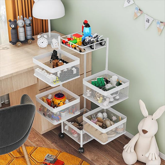 Fruit Basket for Kitchen No Assembly,Rotating Kitchen Storage Rack,Bathroom Shelf, Organizers and Storage Cart on Rolling Wheels，Potato and Onion Storage Organizer(White, 5 Tier-Square)