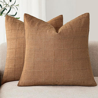 Foindtower Set of 2 Decorative Linen Check Throw Pillow Covers Neutral Farmhouse Vintage Cushion Covers Modern Boho Home Decor for Sofa Chair Couch Bedroom Living Room Outdoor,22×22 Inch,Brick