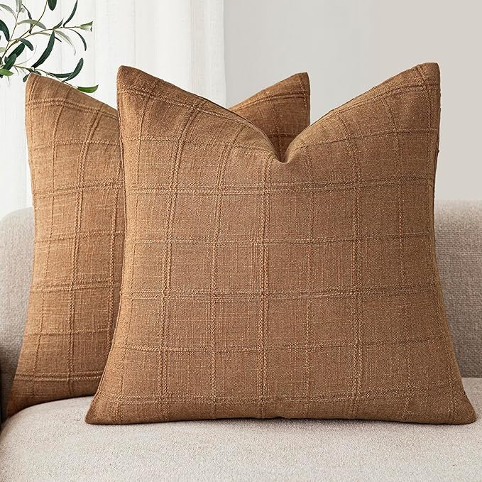 Foindtower Set of 2 Decorative Linen Check Throw Pillow Covers Neutral Farmhouse Vintage Cushion Covers Modern Boho Home Decor for Sofa Chair Couch Bedroom Living Room Outdoor,26×26 Inch,Brick