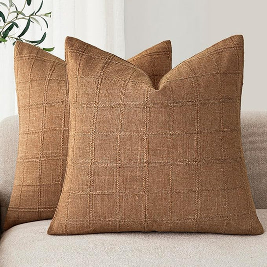 Foindtower Set of 2 Decorative Linen Check Throw Pillow Covers Neutral Farmhouse Vintage Cushion Covers Modern Boho Home Decor for Sofa Chair Couch Bedroom Living Room Outdoor,16×16 Inch,Brick