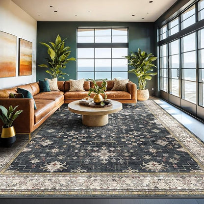 Boho Black Rug for Living Room - Washable 10x14 Area Rug, Dining Room Rugs for Under Table, Soft Low Pile Carpet for Large Bedroom - Farmhouse Decor, Non-Slip & Stain Resistance (10x14 Black/Multi)