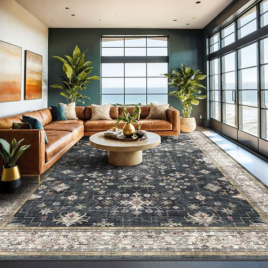 Black Boho Rug for Living Room 9x12 - Washable Dining Room Rugs for Under Table, Vintage Soft Low Pile Carpet for Bedroom, Non-Slip Farmhouse Bohemian Large Tumble Rug for High Traffic Area