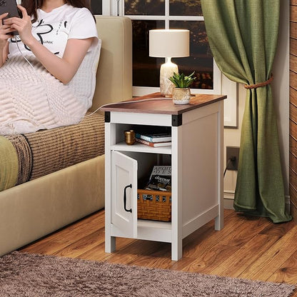 WLIVE White Farmhouse End Table for Living Room, Narrow Side Table with Charging Station, Night Stand with Storage, Small Wooden Cabinet with USB Ports and Outlets for Bedroom, White
