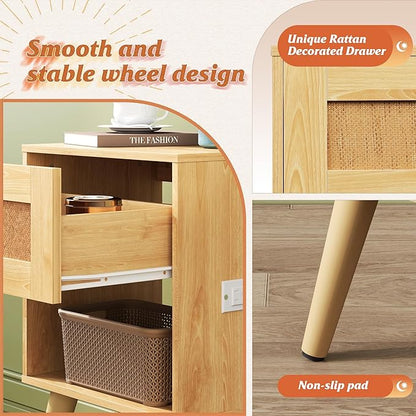 WLIVE Rattan Nightstands Set of 2 with Charging Station, Boho Nightstand, Wood Side Table, Small End Table with Drawers for Bedroom, Natural Oak