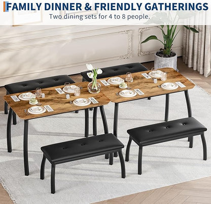 3 Piece Farmhouse Dining Table Set for 4, Compact Rustic Kitchen Table with 2 Padded Benches, Space Saving Breakfast Nook Furniture Set for Small Spaces, Apartments, Vintage