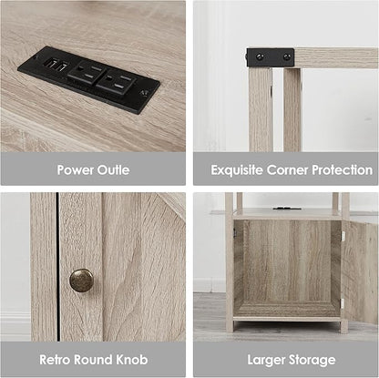 Farmhouse Nightstand with Charging Station, Rustic End Table Bedroom with Storage Living Room Side Table Beige Night Stand Industrial Bedside Bed Table with USB Ports and Outlets